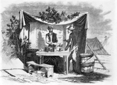 Sceny obozowe - apteka wojskowa - steward szpitala, ze szkicu naszego specjalnego artysty, Josepha Beckera, wyd. 1864 autorstwa Joseph Becker