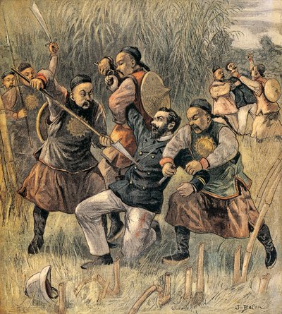 Dwóch francuskich oficerów zabitych w Quang - Tcheou - Wan, grudzień 1899 r., na początku rebelii bokserów. Chiny autorstwa Joseph Belon