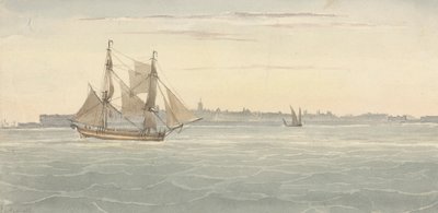 Pojedynczy bryg (?) Inny statek żaglowy na tle zarysu miasta autorstwa Joseph Cartwright