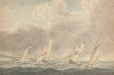 Duas Chalupas de Guerra, Uma Barca e Uma Escuna (?), Proa de Proa, em Mar Agitado; Várias embarcações à vela em Backgroundpolish autorstwa Joseph Cartwright