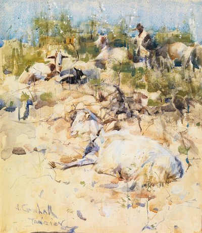 Kozy na wzgórzu, Tanger (akwarela z akcentami gwaszu na papierze) autorstwa Joseph Crawhall