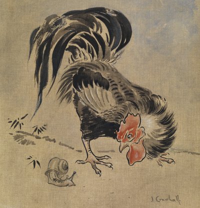 Kogut i Ślimak Hiszpański (gwasz na płótnie) autorstwa Joseph Crawhall