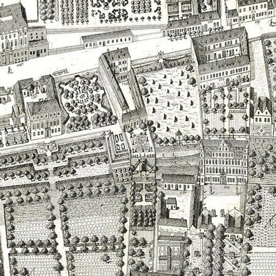 Fragment mapy Wiednia przedstawiającej 135 Alsergrund, gdzie Mozart i jego rodzina mieszkali w 1788 roku (akwaforta i grawerowanie) autorstwa Joseph Daniel Huber