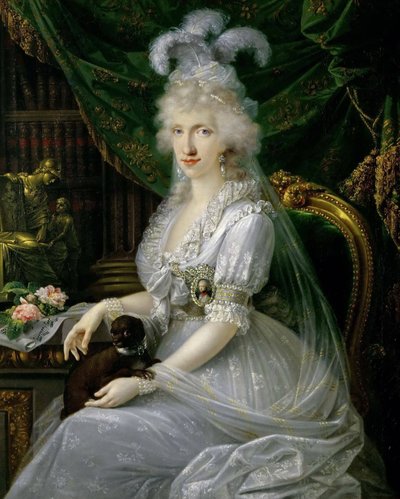 Maria Luiza (Ludwika) Neapolitańsko-Sycylijska (1773-1802), żona Ferdynanda III Toskańskiego, siedząca przy stole, portret do kolan Luizy Marii Amelii Teresy Neapolitańsko-Sycylijskiej, księżniczki Neapolu i Sycylii (1773-1802), wielkiej księżnej małżonki  autorstwa Joseph Dorffmeister