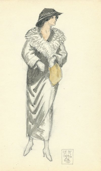 Fashionable Lady, 15.IV.1916, 1916 (pióro i atrament i toaleta na papierze) autorstwa Joseph Edward Southall