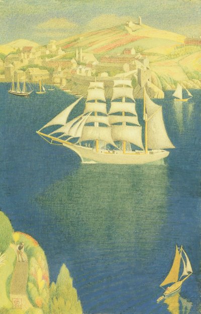 Biała Barka w Fowey, 1943 (tempera na pokładzie) autorstwa Joseph Edward Southall