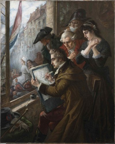 Malarz Jacques-Louis David rysujący Marie-Antoinette doprowadził do jej egzekucji, 1793, 1900. autorstwa Joseph Emanuel Van Den Bussche