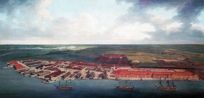 Stocznia Chatham (Anglia), dzięki swojemu położeniu geograficznemu, Chatham było najważniejszym portem brytyjskiej Królewskiej Marynarki Wojennej w XVII wieku, a następnie w XVIII wieku stało się ważnym centrum napraw i konserwacji. autorstwa Joseph Farington