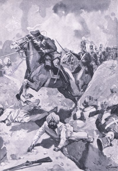 Sobraon: Sir Joseph Thackwell prowadzący 3. Light Dragons w jednym pliku przez niektóre sikhijskie roboty ziemne, ilustracja z brytyjskich bitew lądowych i morskich, 1915 autorstwa Joseph Finnemore
