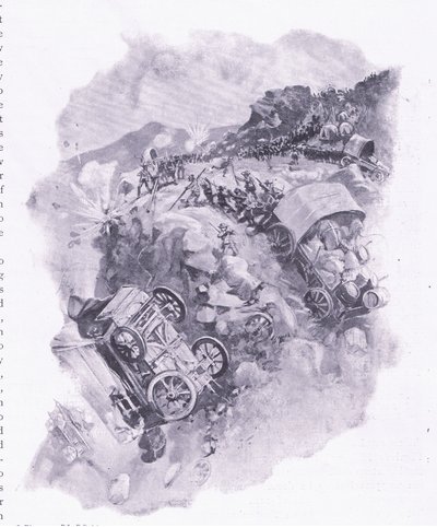 Burowie niszczą swoje wagony na Spitzkop, ilustracja z After Pretoria: The Guerilla War, 1902 autorstwa Joseph Finnemore