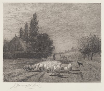 Wiejska ulica we Francji ze stadem owiec autorstwa Joseph Foxcroft Cole