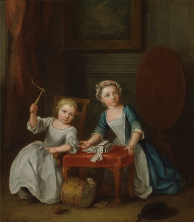 Dwoje dzieci z rodziny Nollekens, prawdopodobnie Jacobus i Maria Sophia, bawiące się blatem i karty do gry, 1745 autorstwa Joseph Francis Nollekens