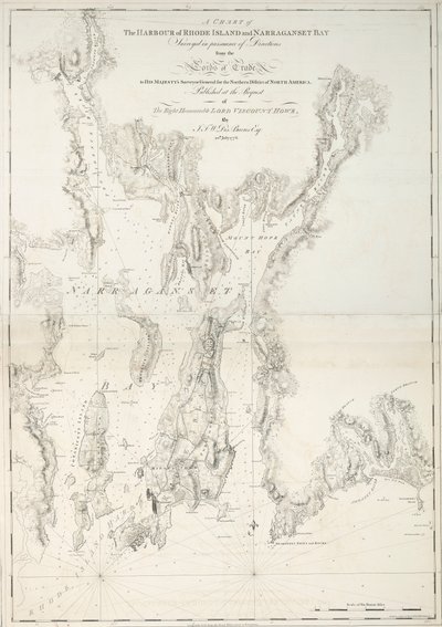 Mapa portu Rhode Island i zatoki Narraganset autorstwa Joseph Frederick Wallet DesBarres