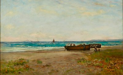Doglądanie łodzi, Wybrzeże Ayrshire (olej na płótnie) autorstwa Joseph Henderson