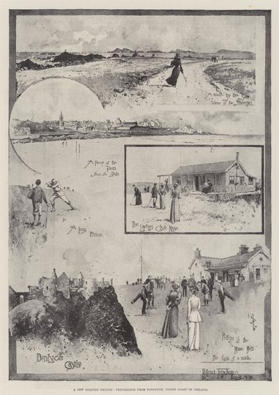 Nowe pole golfowe, rysunki ołówkiem z Portrush, północne wybrzeże Irlandii autorstwa Joseph Holland Tringham