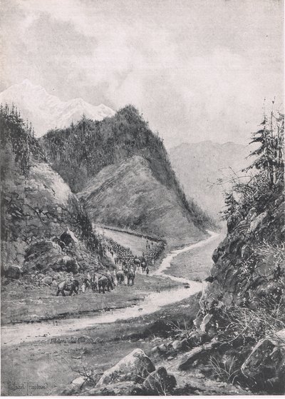 Afganistan: Marsz kolumny z Kabulu do Khandaharu, sierpień 1880, ilustracja z brytyjskich bitew lądowych i morskich, 1915 autorstwa Joseph Holland Tringham