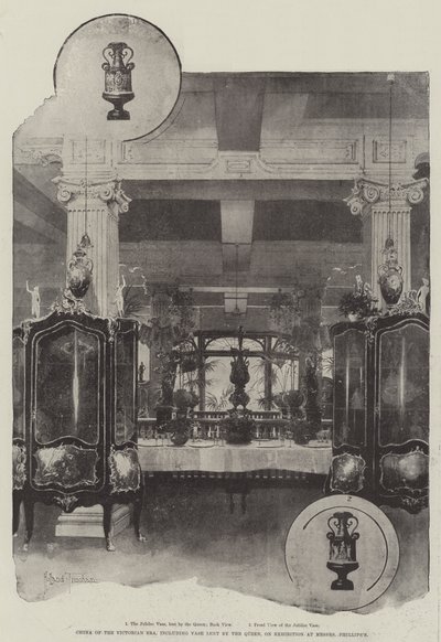 Chiny epoki wiktoriańskiej, w tym wazon pożyczony przez królową, na wystawie w Messers Phillips autorstwa Joseph Holland Tringham