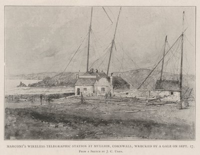 Bezprzewodowa stacja telegraficzna Marconiego w Mullion w Kornwalii, zniszczona przez wichurę 17 września autorstwa Joseph Holland Tringham