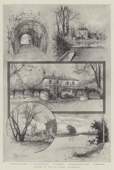 Szkice wyspy Eel-Pie, Twickenham autorstwa Joseph Holland Tringham