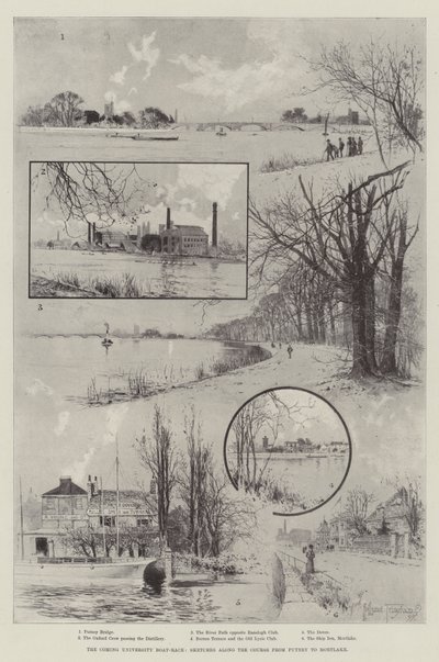 Wyścig łodzi Coming University, szkice na trasie od Putney do Mortlake autorstwa Joseph Holland Tringham