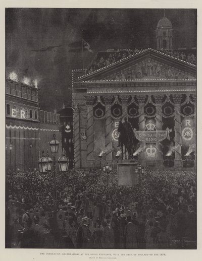 Iluminacje koronacyjne na Royal Exchange, z Bankiem Anglii po lewej stronie autorstwa Joseph Holland Tringham