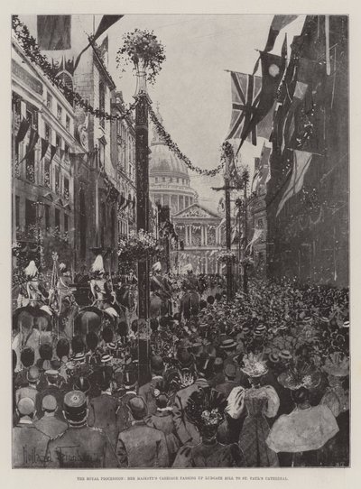 Królewska procesja, kareta Jej Królewskiej Mości przejeżdżająca przez wzgórze Ludgate do katedry św. Pawła autorstwa Joseph Holland Tringham