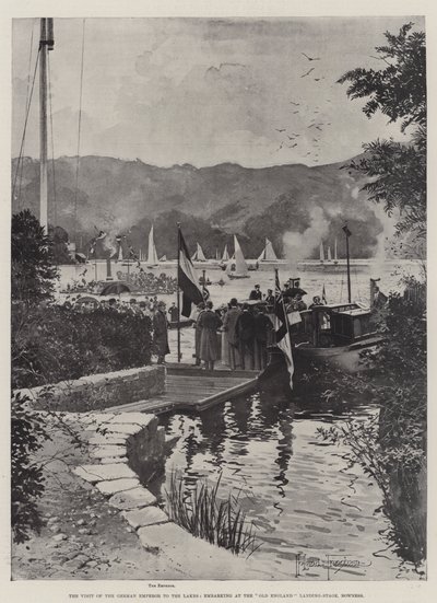 Wizyta cesarza niemieckiego nad jeziorami, wejście na lądowisko Old England w Bowness autorstwa Joseph Holland Tringham