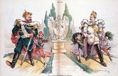 Aleksander III, oznaczony jako "Rosja", patrzący na Wilhelma II, oznaczonego jako "Niemcy". autorstwa Joseph Keppler