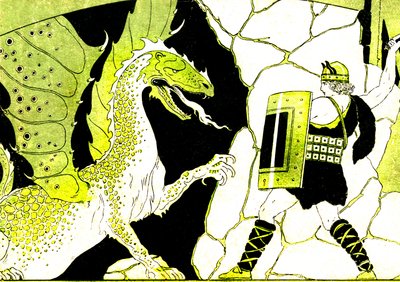 Zygfryd walczy ze smokiem. Legenda o Nibelungach. Ilustracja autorstwa Josepha Kuhn Regnier (Kuhn-Regnier) (1873-1940) do "Epopees et legendes d