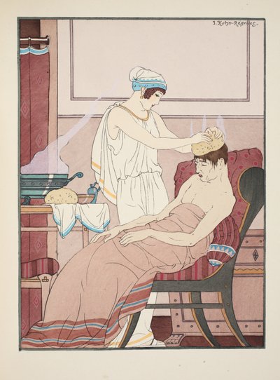 Gąbka nasączona gorącą wodą przykładana jest do głowy, ilustracja z "Dzieł Hipokratesa", 1934 r. autorstwa Joseph Kuhn Regnier