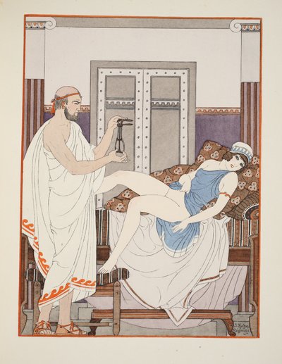 Badanie ginekologiczne, ilustracja z „Dzieł Hipokratesa”, 1934 autorstwa Joseph Kuhn Regnier