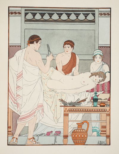Badanie ginekologiczne, ilustracja z „Dzieła Hipokratesa”, 1934 autorstwa Joseph Kuhn Regnier