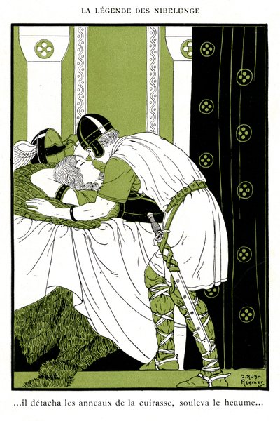 Legenda o Nibelungach: Zygfryd obejmuje Walkyrie Brunnhilde (chromolitografia) autorstwa Joseph Kuhn Regnier
