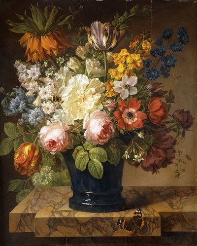 Kwiaty w wazonie na marmurowej półce z czerwonym admirałem, trzmielem, dwoma żukami i ważką, 1807 autorstwa Joseph Laurent Malaine