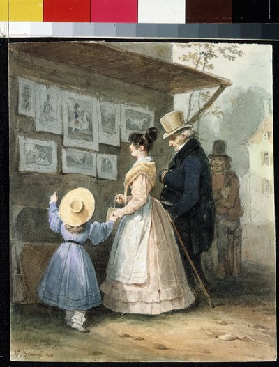 „Chez le Marchand de Engravings” (u sprzedawcy rycin) Akwarela autorstwa Hippolyte Bellange (1800-1866) 1831 Ermitaż, Sankt Petersburg (Sankt-Petersburg) autorstwa Joseph Louis Hippolyte Bellange