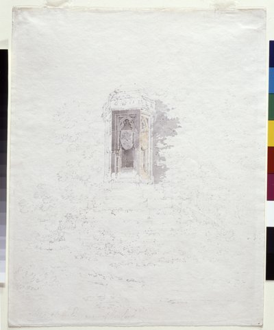 Krzyż przy wejściu do Hereford (ołówek z żółtymi i szarymi smugami na białym papierze) autorstwa Joseph Mallord William Turner