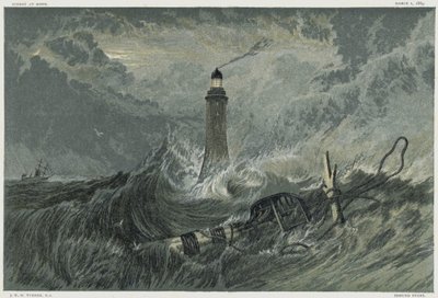 Latarnia morska Eddystone, zbudowana na skale Eddystone przez angielskiego inżyniera Johna Smeatona w latach 1757-1759. Chromolitografia według obrazu JMW Turnera autorstwa Joseph Mallord William Turner