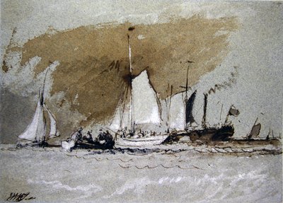 Łodzie rybackie na morzu, wejście na pokład parowca przy Cowes, Isle of Wight (mycie piórem i tuszem oraz kolor nadwozia na niebieskim papierze) autorstwa Joseph Mallord William Turner