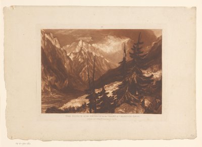 Widok na dolinę Chamonix z rzeką Arveyron Źródło Arveron w dolinie Chamouni Savoy (tytuł na obiekcie) Studia krajobrazowe (tytuł serii) Liber Studiorum (tytuł serii) autorstwa Joseph Mallord William Turner