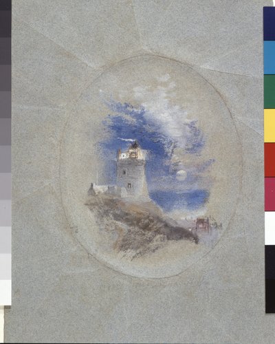 Latarnia morska Lowestoffe (gwasz na niebieskim papierze) autorstwa Joseph Mallord William Turner