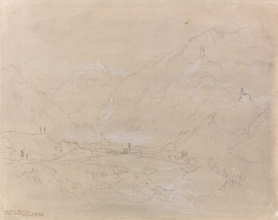 Pejzaż górski z miastem w dolinie, ok. 1840 (grafitowo-szary wash na papierze) autorstwa Joseph Mallord William Turner