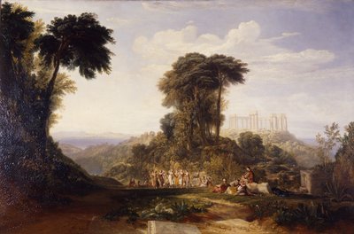 Widok na świątynię Jowisza Panelleniusza na wyspie Egina z greckim tańcem narodowym Romaika: w oddali Akropol w Atenach autorstwa Joseph Mallord William Turner
