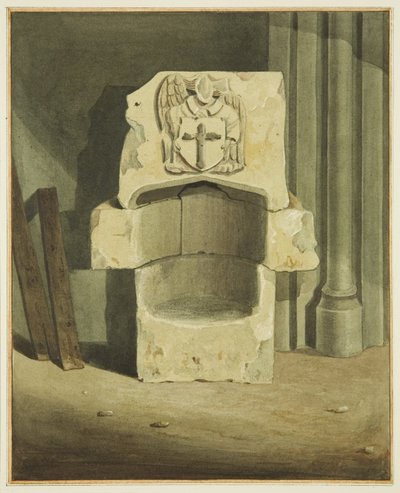 Antyczna chrzcielnica wyjęta z południowej ściany krypty kościoła św. Jana (akwarela na papierze) autorstwa Joseph Manning