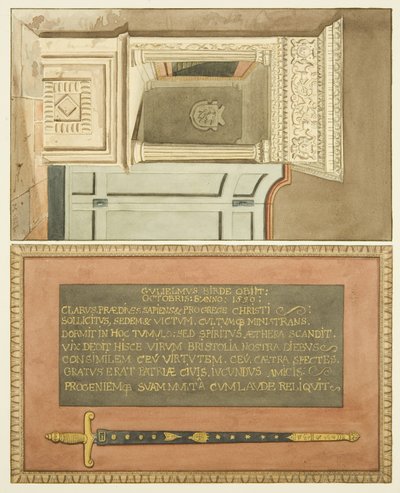 Koniec pomnika Williama Birda w kościele św. Marka z napisem i obrazem miecza magisterium (akwarela na papierze) autorstwa Joseph Manning