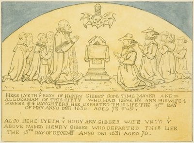 Mosiądz Gibbesa przymocowany do ściany w pobliżu południowych drzwi kościoła św. Jakuba (ołówek i akwarela na papierze) autorstwa Joseph Manning