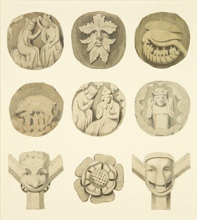 Kamienie pachwinowe (bossowie) w suficie kościoła w Redcliffe (akwarela na papierze) autorstwa Joseph Manning