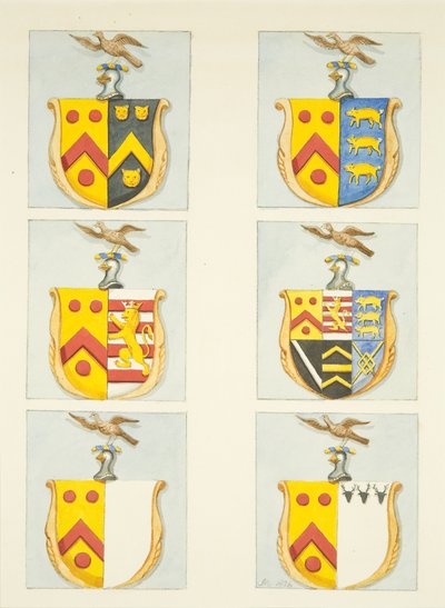 Sześć herbów w witrażach w nawie północnej i południowej (koniec wschodni) katedry w Bristolu (akwarela na papierze) autorstwa Joseph Manning