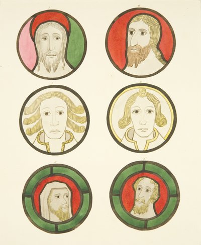 Sześć głów w witrażach na północ i południe od chóru w katedrze w Bristolu (akwarela na papierze) autorstwa Joseph Manning