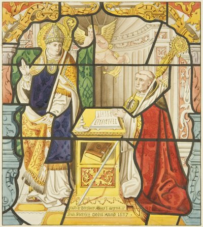 Witraż w oknie zakrystii kościoła św. Marka, w tym św. Mikołaja (akwarela na papierze) autorstwa Joseph Manning