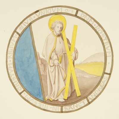 Witraż w oknie prywatnej kaplicy Pałacu Biskupiego: Św. Andrzej (akwarela na papierze) autorstwa Joseph Manning
